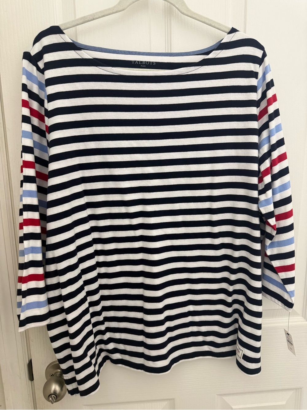 Talbots Navy & White Striped Boatneck Top with Red and Light Blue Accent.